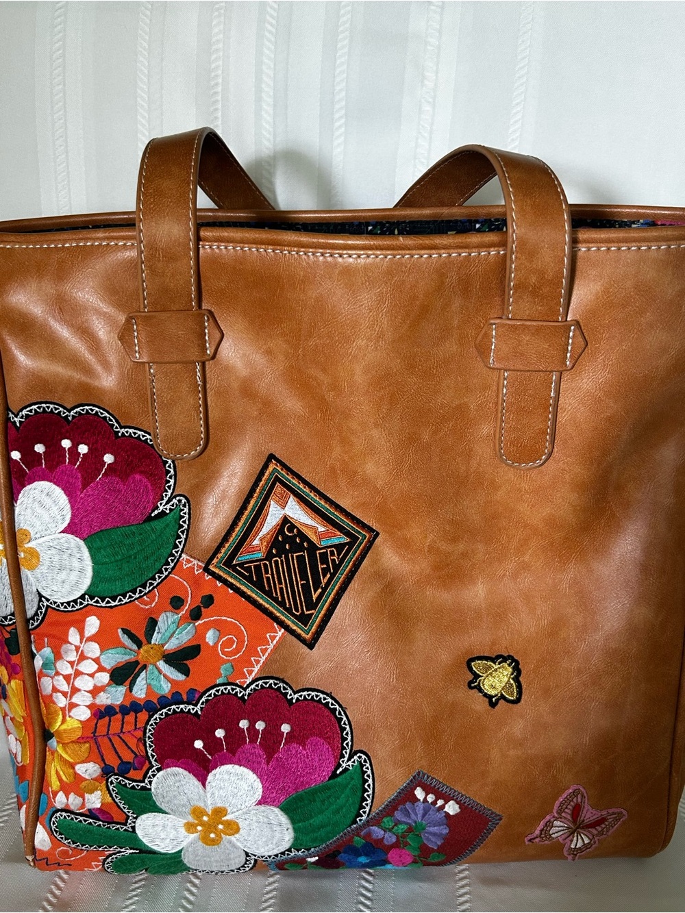 Plunder Tote Bag Camel Brown Faux Leather Multicolor Floral Bee Butterfly Patch - Picture 4 of 15